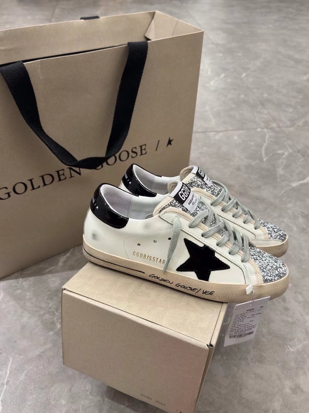 Golden Goose Women's White Sneakers with Black Star and Silver Glitter Toe